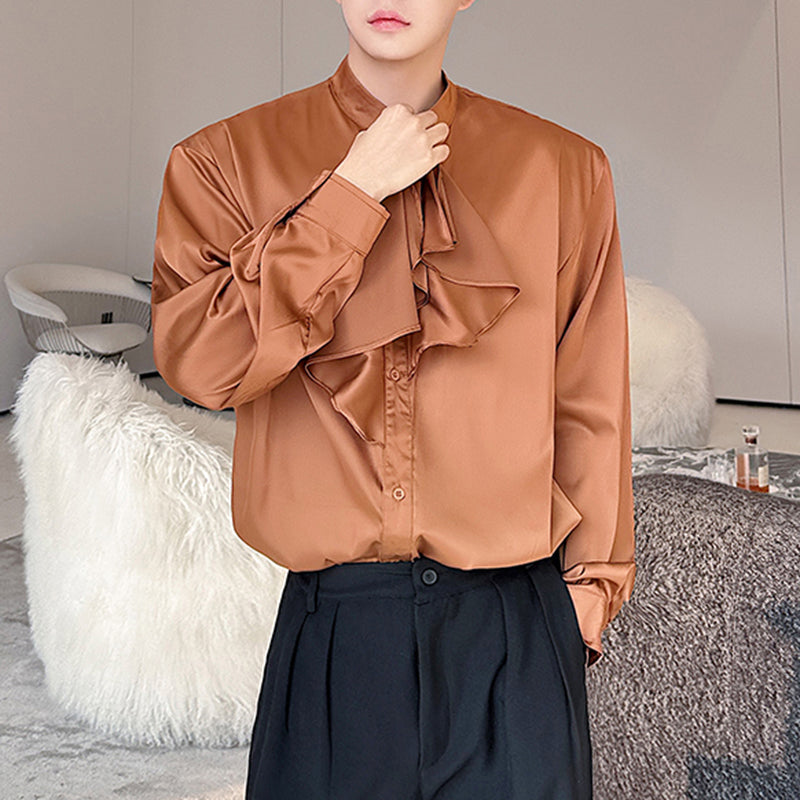 Loose Stand Collar Ruffled Long Sleeve Casual Shirt