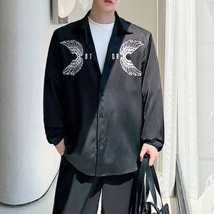 Black Shirt with Eagle Wings Print and Elastic Cuffs