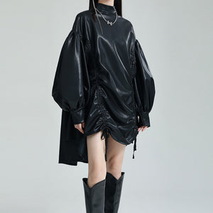 Irregular Drawstring PU Leather Cape Dress