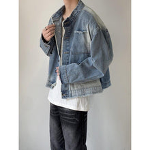 Load image into Gallery viewer, Raw Edge Ombre Shoulder Pads Cropped Denim Jacket
