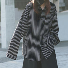 Load image into Gallery viewer, Black and White Striped Loose Long Sleeve Shirt
