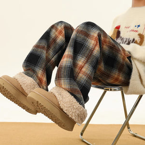 American Retro Plaid Thick Warm Trousers