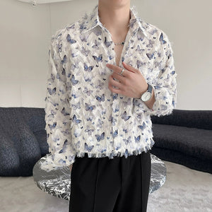 Butterfly Print Raw Edge Loose Casual Long-sleeved Shirt