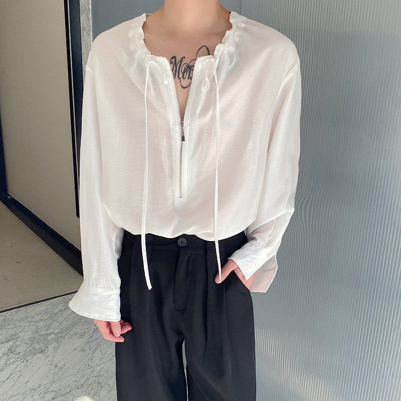 Round Neck Drawstring Zip Shirt