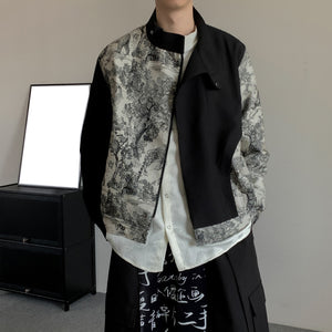 Spliced Stand Collar Ink Painting Jacquard Loose Jacket