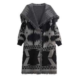 Winter Tassel Printed Knitted Cardigan Coat