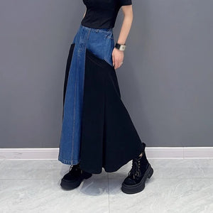 Loose Casual Denim Patchwork A-line Skirt