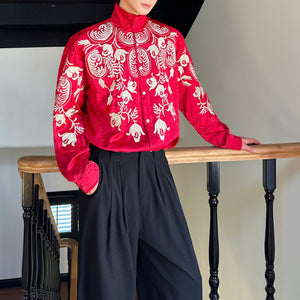 Retro Floral Embroidered Stand Collar Shirt