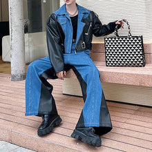 Load image into Gallery viewer, Deconstructed Washed Denim PU Leather Jacket Wide-leg Trousers Two-piece Suit
