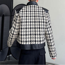 Load image into Gallery viewer, Patchwork Leather Stand Collar Wool Plaid Short Jacket
