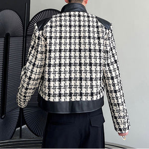 Patchwork Leather Stand Collar Wool Plaid Short Jacket