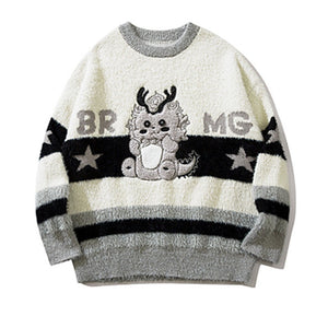 Round Neck Embroidered Dragon Loose Knitted Sweater