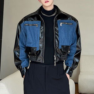 Glossy PU Denim Patchwork Short Jacket