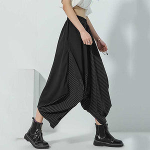 Striped Paneled Wide-leg Irregular Trousers