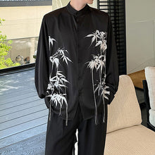 Load image into Gallery viewer, Ink Bamboo Print Tassel Embroidery Stand Collar Shirt
