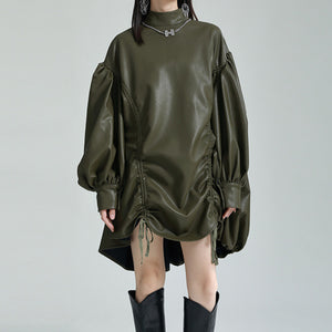 Irregular Drawstring PU Leather Cape Dress