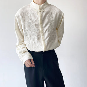 Embroidered Jacquard Stand Collar Button Up Long Sleeve Shirt