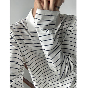 Striped Lapel Polo Loose Long Sleeve Shirt