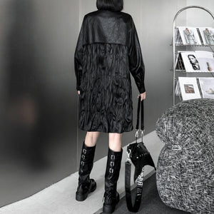 Pleated PU Leather Long Sleeve Shirt Dress