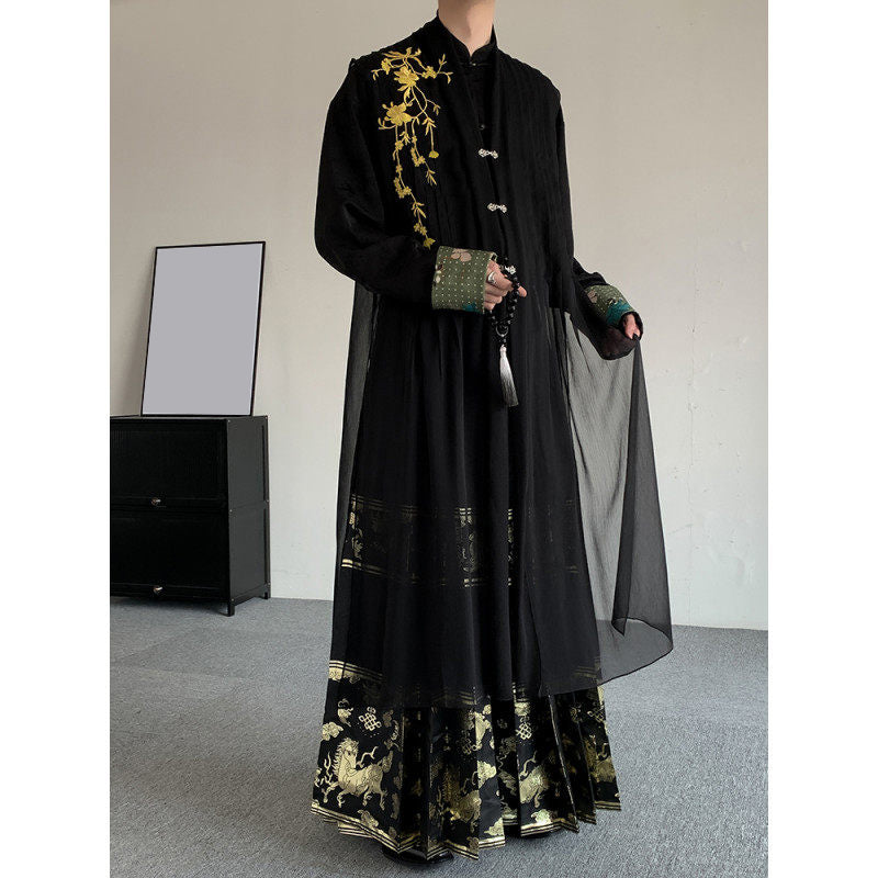 Ethnic Long-sleeved Shirt Flocked Vest Gold-woven Horse-faced Skirt Three-piece Suit