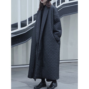 Black Diamond-patterned Loose Long Cotton Coat