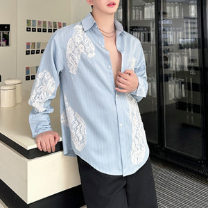 Lace Panel Design Long Sleeve Striped Shirt