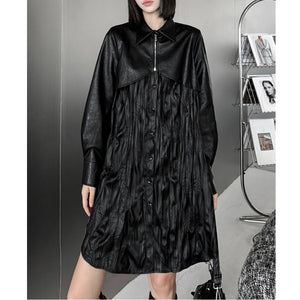 Pleated PU Leather Long Sleeve Shirt Dress