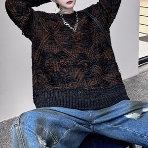 Diamond Jacquard Ripped Tassel Crewneck Sweater