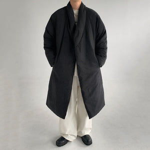 Japanese Retro Peach Skin Collarless Long Cotton Coat