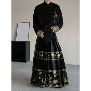 Ethnic Long-sleeved Shirt Flocked Vest Gold-woven Horse-faced Skirt Three-piece Suit