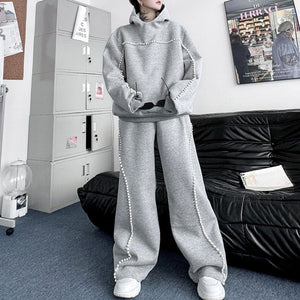 Hand-beaded Hooded Sweatshirt and Wide-leg Pants Casual Suit