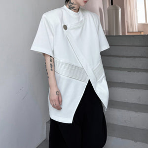 Button Pleated Irregular Shoulder Pad T-shirt