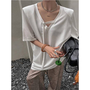 V-neck Short-Sleeved Loose Ribbon T-shirt