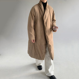 Japanese Retro Peach Skin Collarless Long Cotton Coat