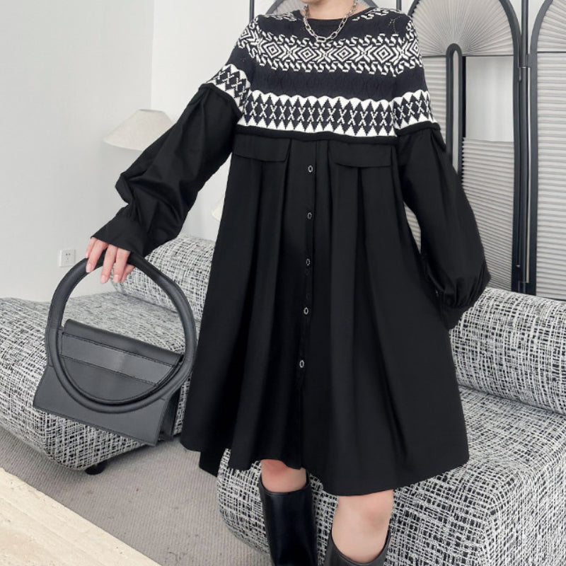 Retro Contrasting Knitted Patchwork Dress