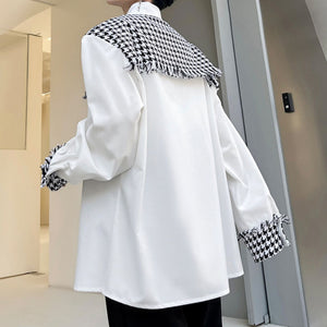 Houndstooth Frayed Panel Long Sleeve Shirt