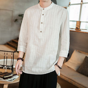 Striped Cotton And Linen Three-quarter Sleeve Shirt