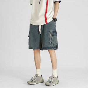 Drawstring Tote Pocket Zip Cargo Denim Shorts