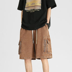 Drawstring Tote Pocket Zip Cargo Denim Shorts