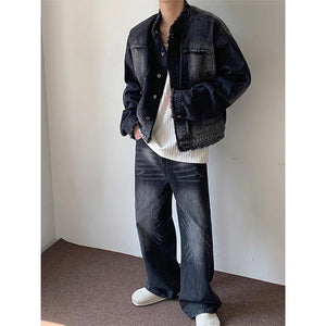 Raw Edge Ombre Shoulder Pads Cropped Denim Jacket