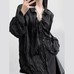 Pleated Drawstring Bell Sleeve Long Sleeve Shirt