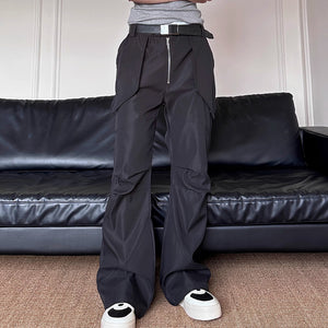 Zippered Pleated Bootcut Technical Trousers