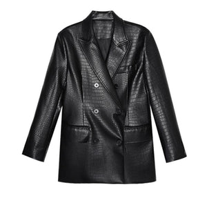 Crocodile Pattern Black Leather Suit Jacket