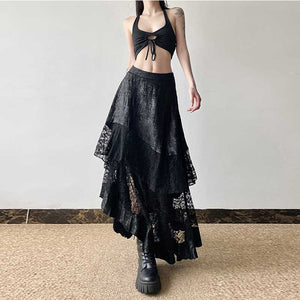 Irregular Stitching High Waist A-line Long Skirt