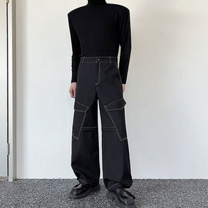 Topstitched Pockets Straight-leg Wide-leg Cargo Pants