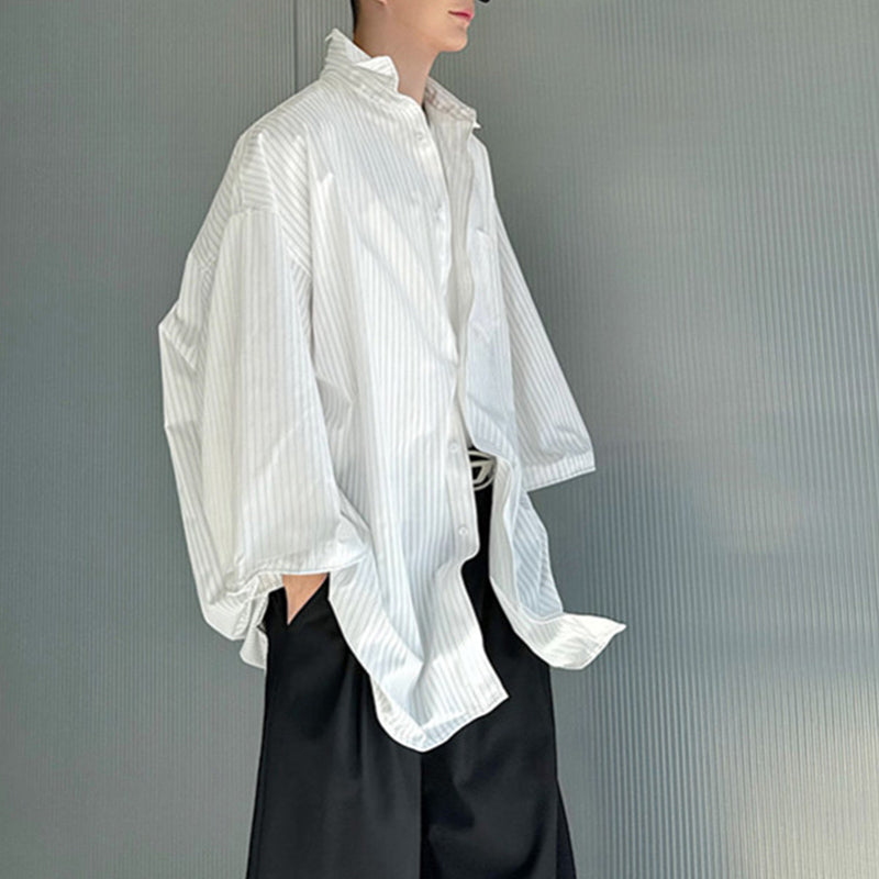 Oversized Pleated Striped Quarter-sleeve Shirt