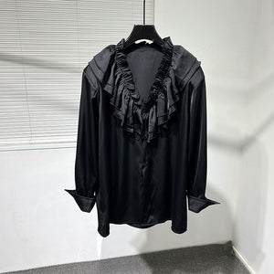 Vintage French Ruffle Collar V-neck Shirt