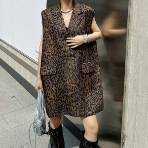 Vintage V-neck Leopard Print Sleeveless Dress