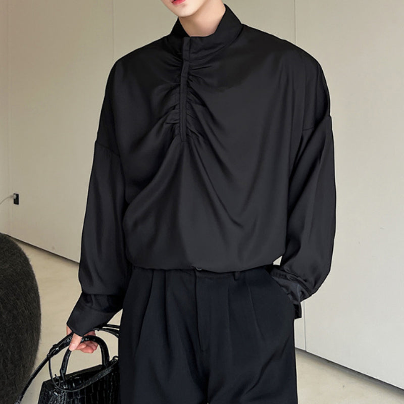 Pleated Stand Collar Solid Long Sleeve Shirt