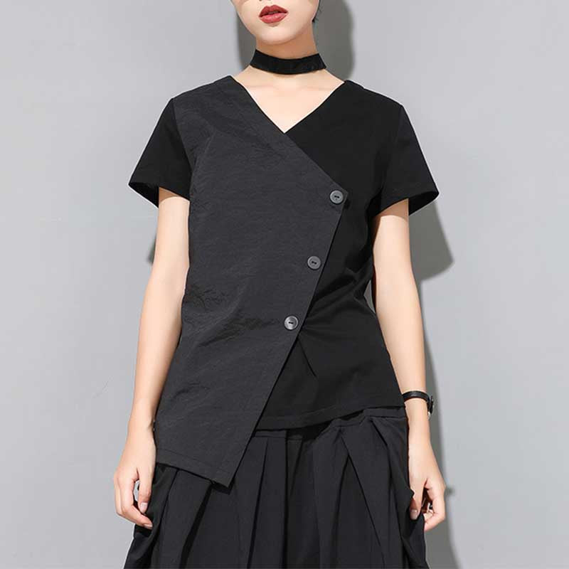 Black Irregular V-Neck Shirt